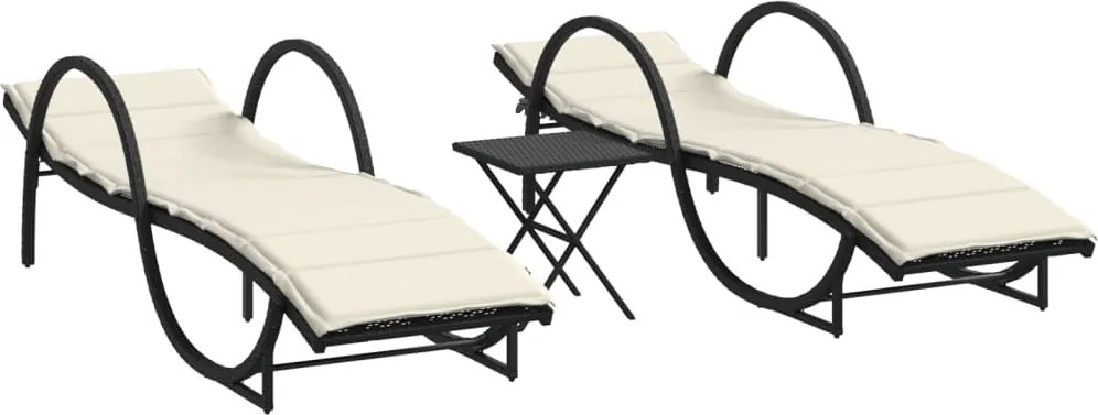 vidaXL 2 db fekete polyrattan napozóágy asztallal