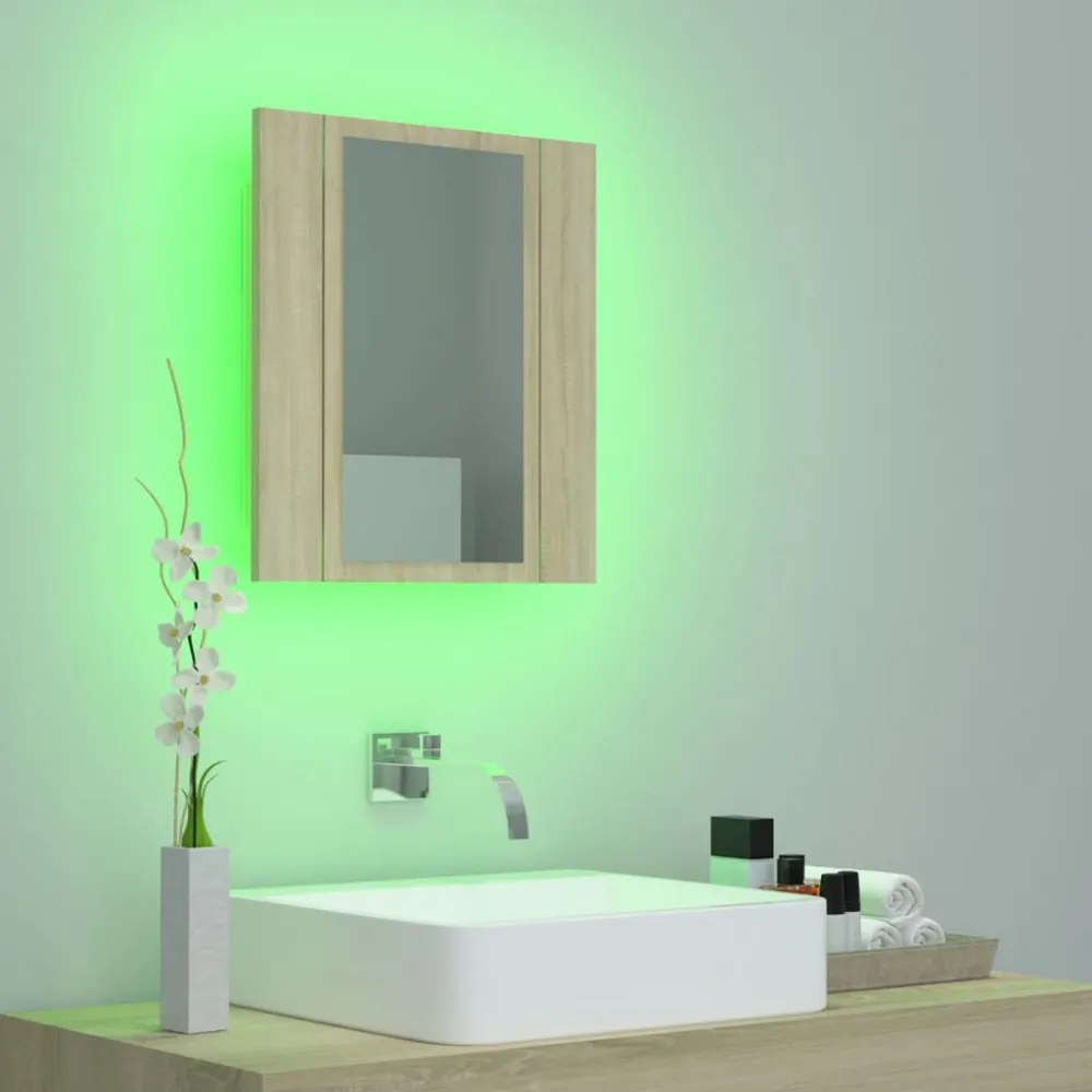 tölgyszínű akril LED-es tükrös fürdőszobaszekrény 40x12x45 cm
