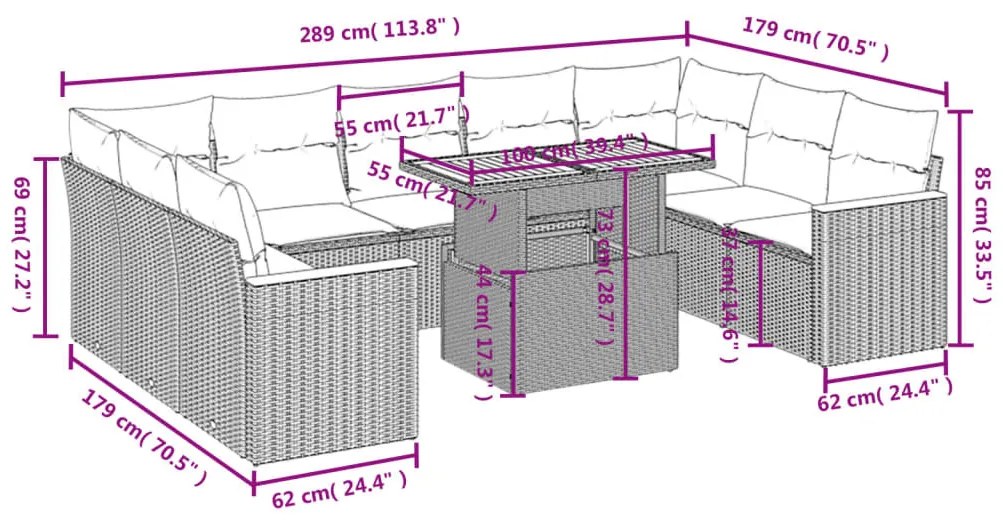 10 részes szürke polyrattan kerti ülőgarnitúra párnákkal