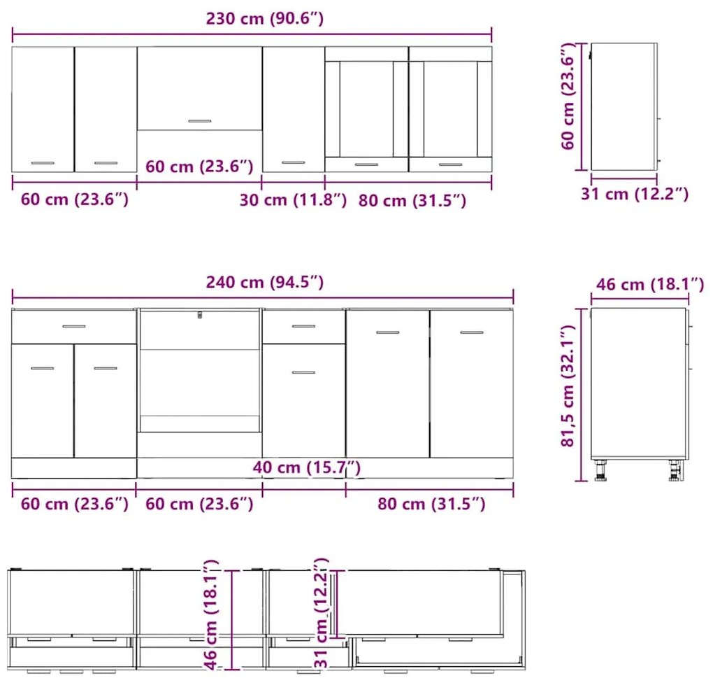 Konyhaszekrény garnitúra fiókkal Lyon 8 pcs Szürke Sonoma