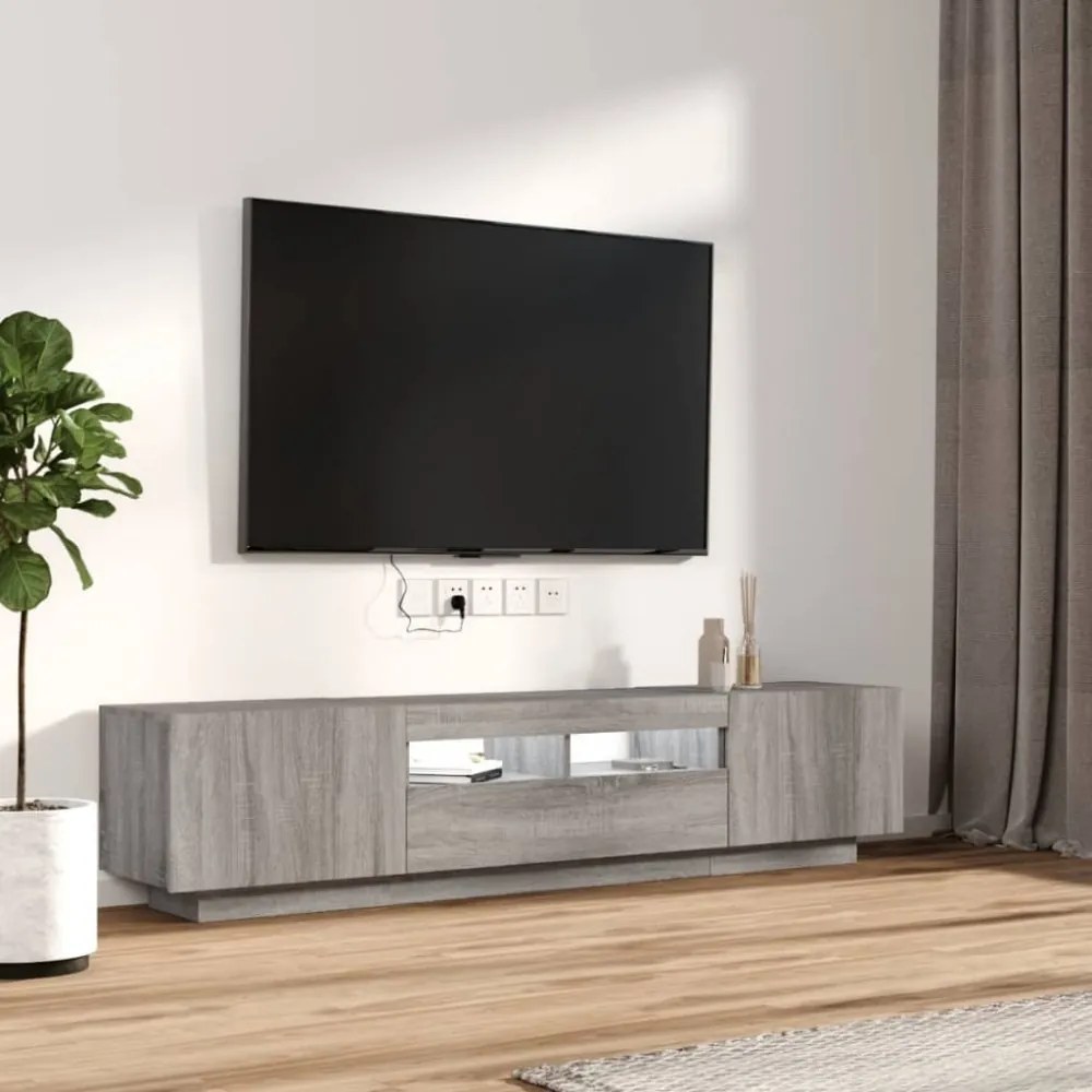 2 részes szürke sonoma színű fa TV-szekrény szett LED-lámpákkal