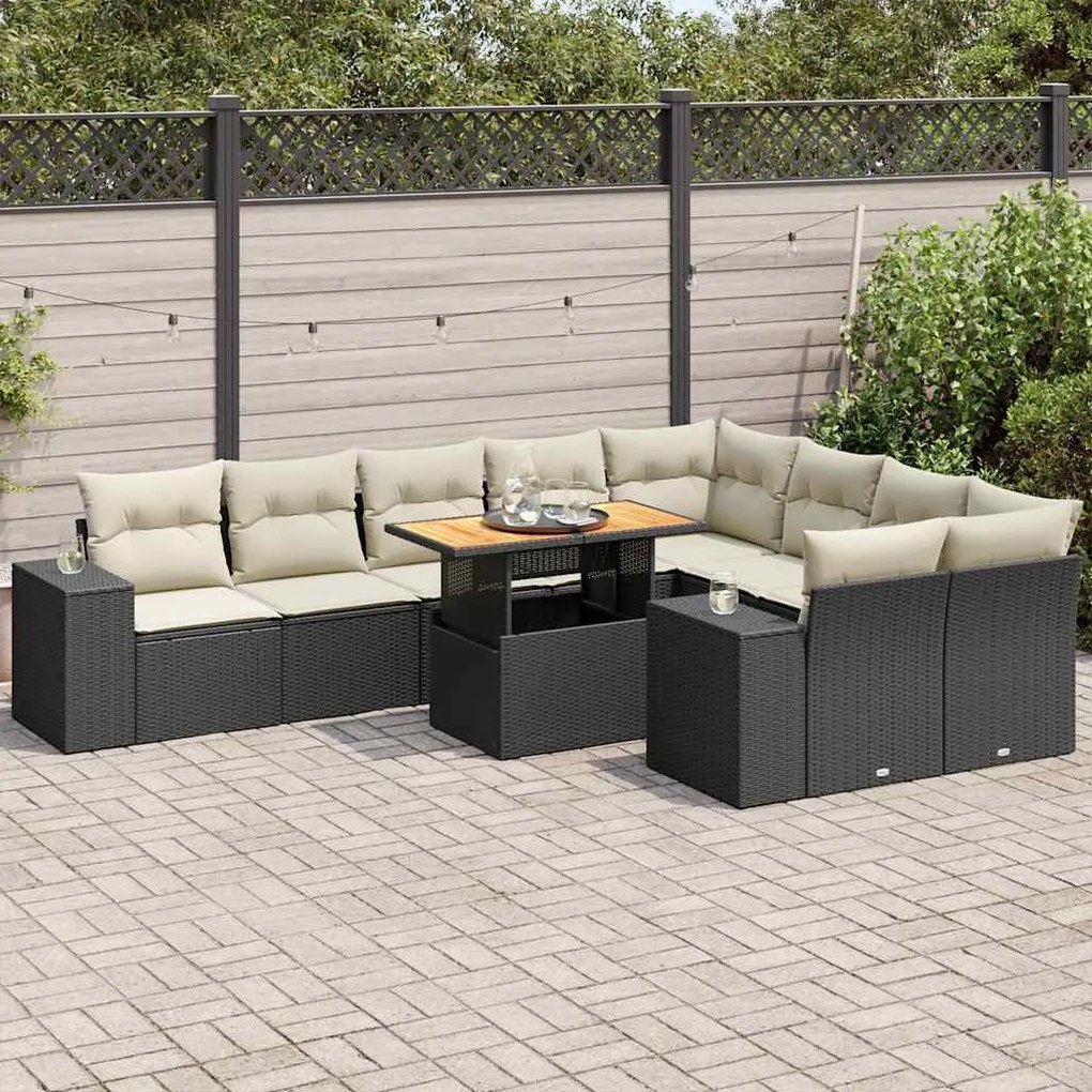10 részes fekete polyrattan akácfa kerti ülőgarnitúra párnákkal