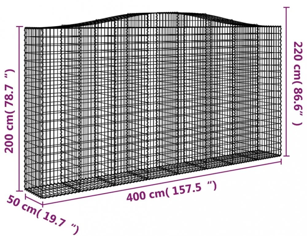 2 db íves horganyzott vas gabion kosár 400x50x200/220 cm
