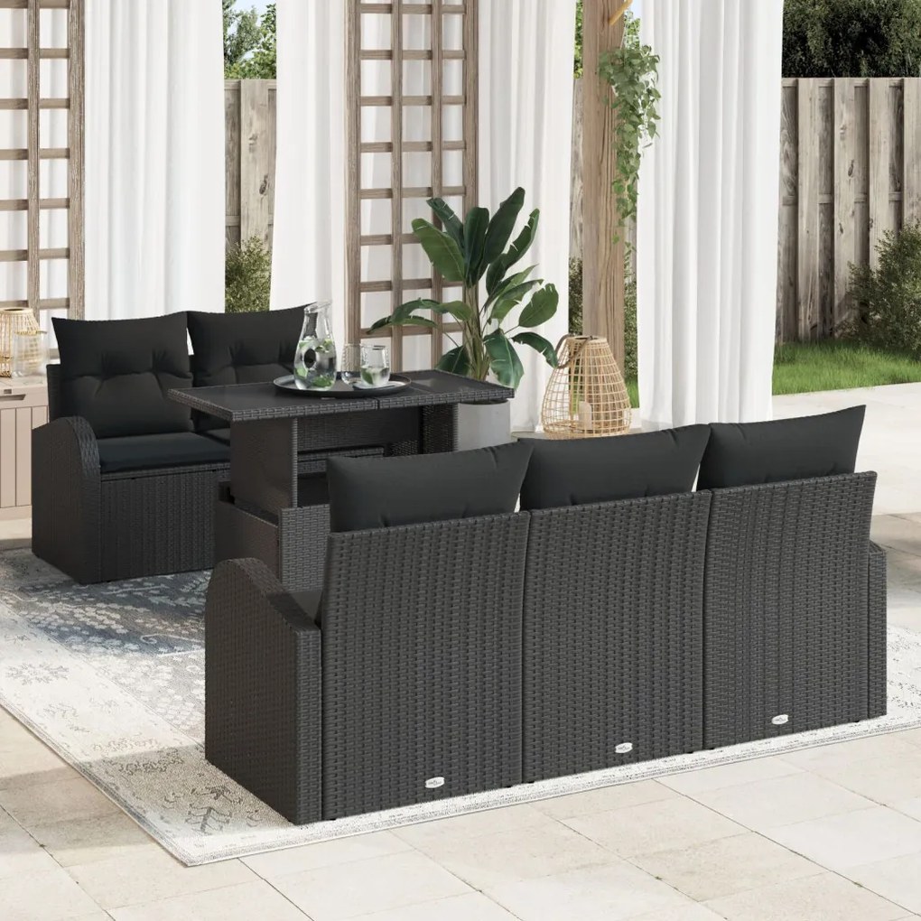 6 részes Kert Kanapé Szett Párnákkal Fekete Poly Rattan, 2 Személyes Kert Kanapé Tárolóval és Párnákkal Fekete Poly Rattan