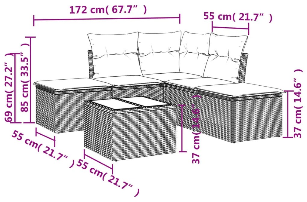 6 részes barna polyrattan kerti ülőgarnitúra párnával