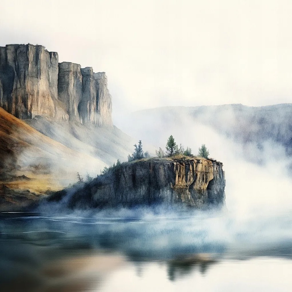 Vászonkép Canvas Tájkép Hegyek Sziklák Fjord Tó Köd 80x80