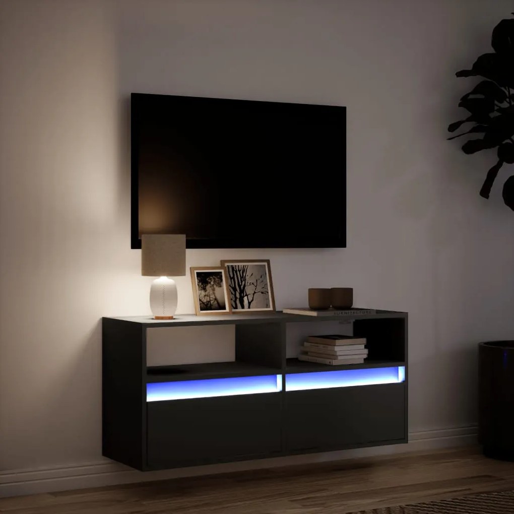 fekete fali TV-szekrény LED-világítással 100x31x45 cm