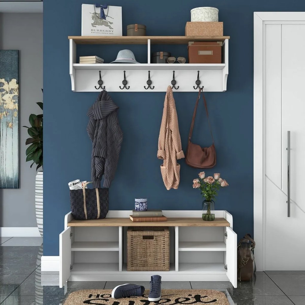 Polo White and Walnut fali akasztó cipőtartóval