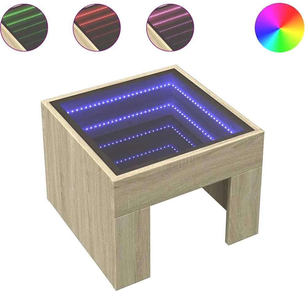 vidaXL sonoma tölgy végtelen hatású LED-es dohányzóasztal 40x40x30 cm