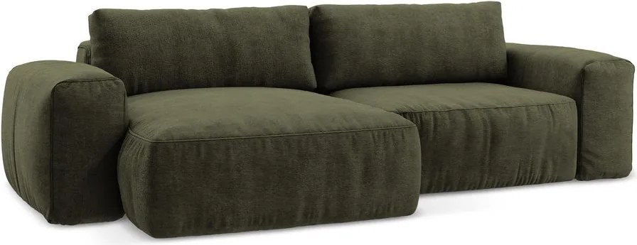 Zöld zsenília kinyitható sarokkanapé (bal oldali-heverő résszel) Kuki – Makamii