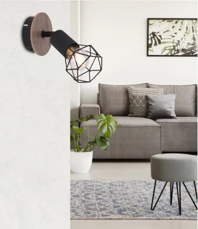 Globo 54802S-1H Spotlámpa fekete fém, barna fa betéttel. SZxM:100x165, AL:170, fényforrás nélkül 1xE14 40W 230V