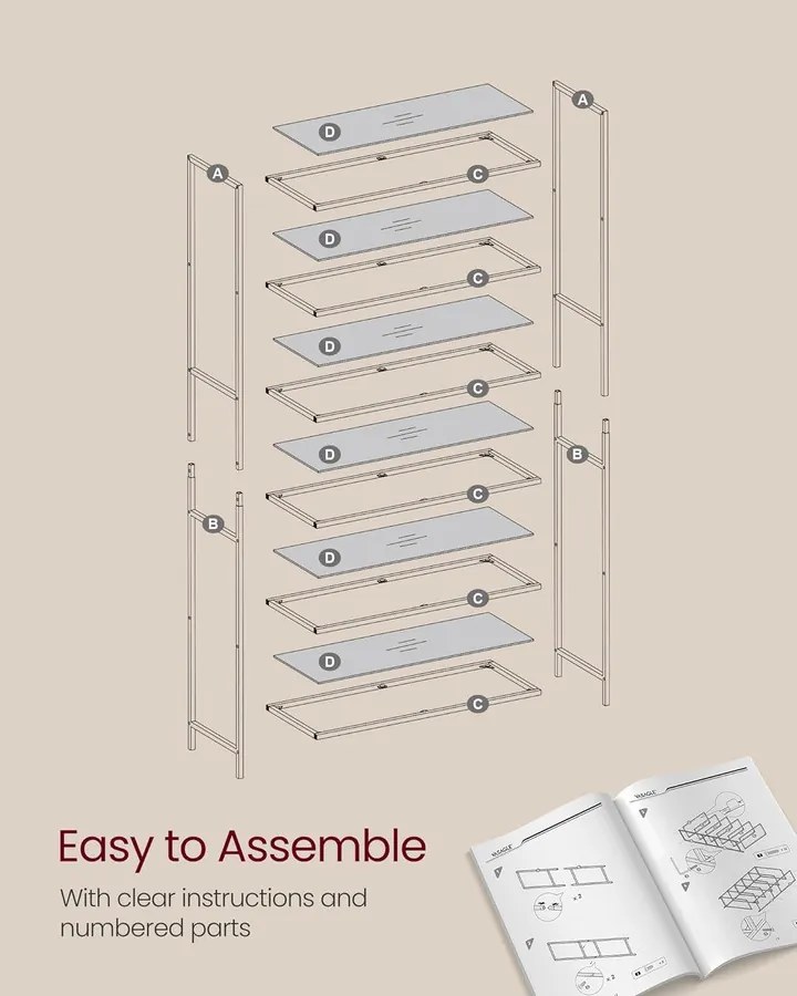 Könyvespolc, 6 szintes üvegpolc fém kerettel, arany színű