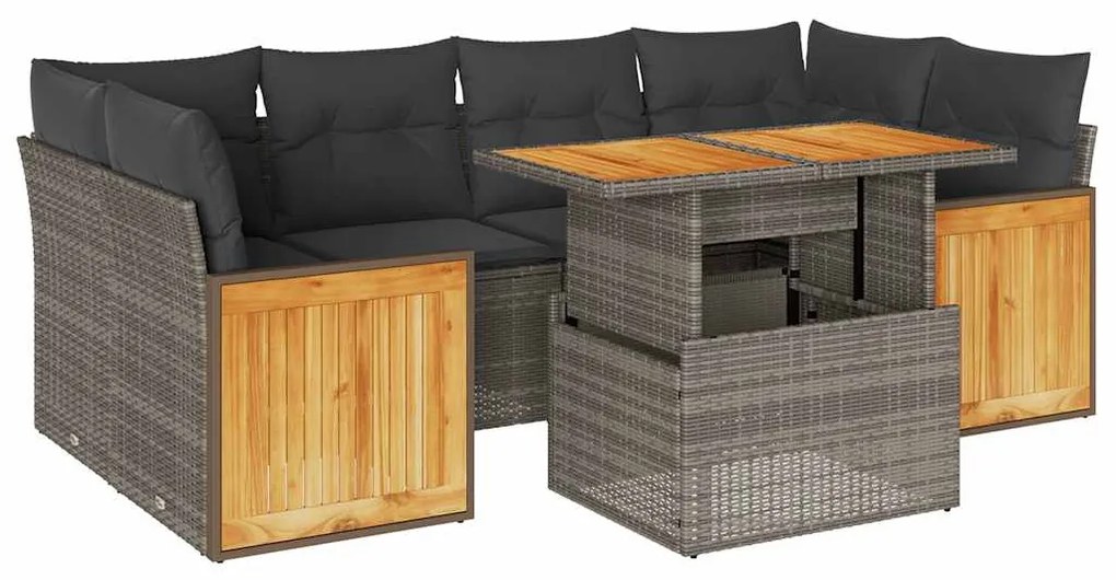 7 részes szürke polyrattan akácfa kerti ülőgarnitúra párnákkal