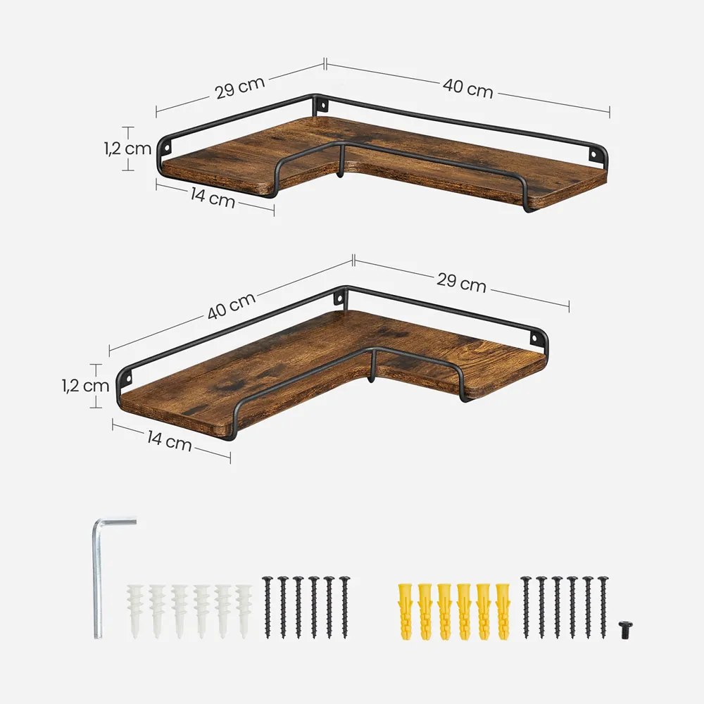 LOFT sarok fali polc, 2 db-os szett, barna/fekete Vasagle