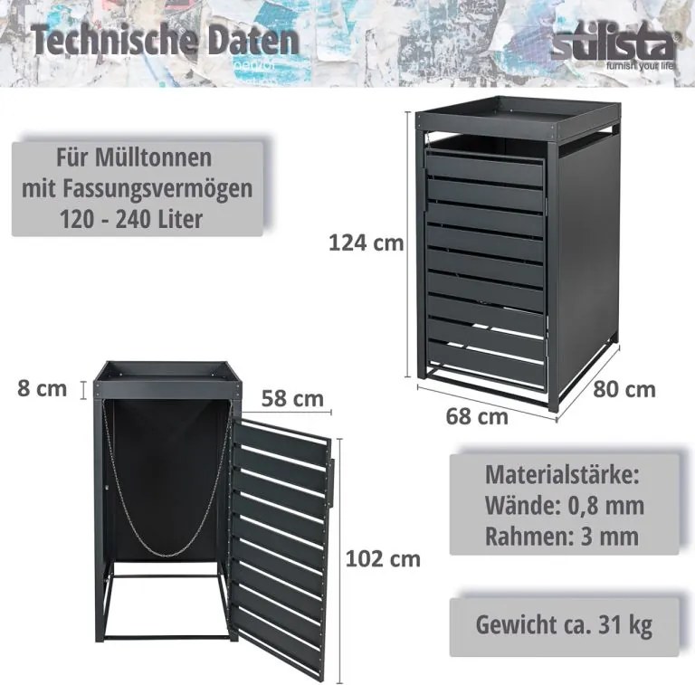 STILISTA Szekrény 1 szemetesre 68 x 124 x 80 cm antracit