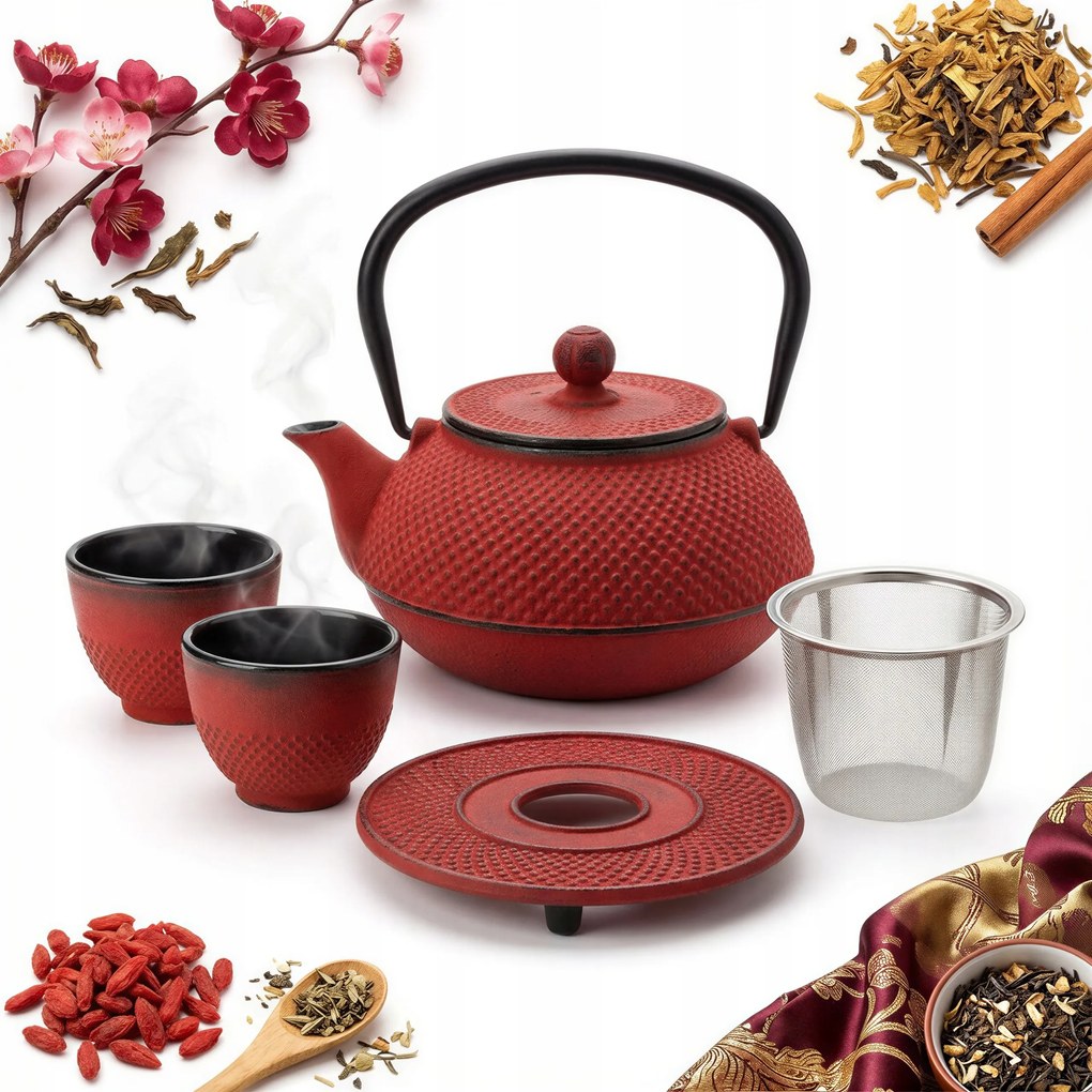 Öntöttvas Vízforraló Teáskanna 2x Csésze Ajándék Szett Teafőző