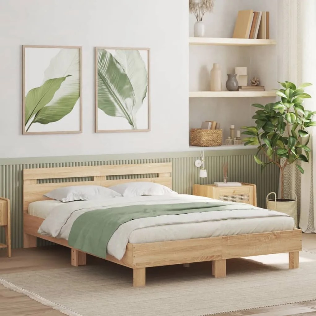 sonoma tölgy színű ágykeret fejtámlával és LED-del 140x190 cm