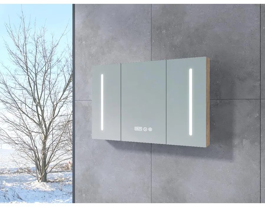 Vicenza Sonoma háromajtós, tükrös szekrény, LED világítással 120 cm