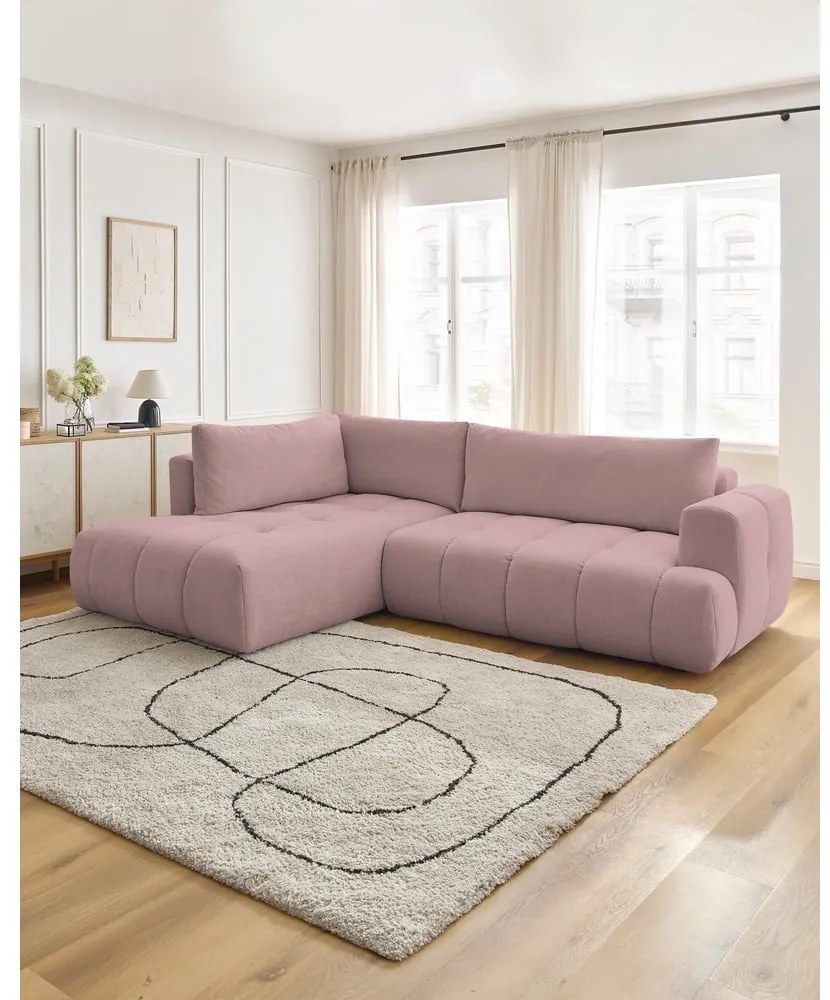 Rózsaszín kinyitható-tárolóhelyes sarokkanapé (bal oldali-L alakú) Fuji – Bobochic Paris