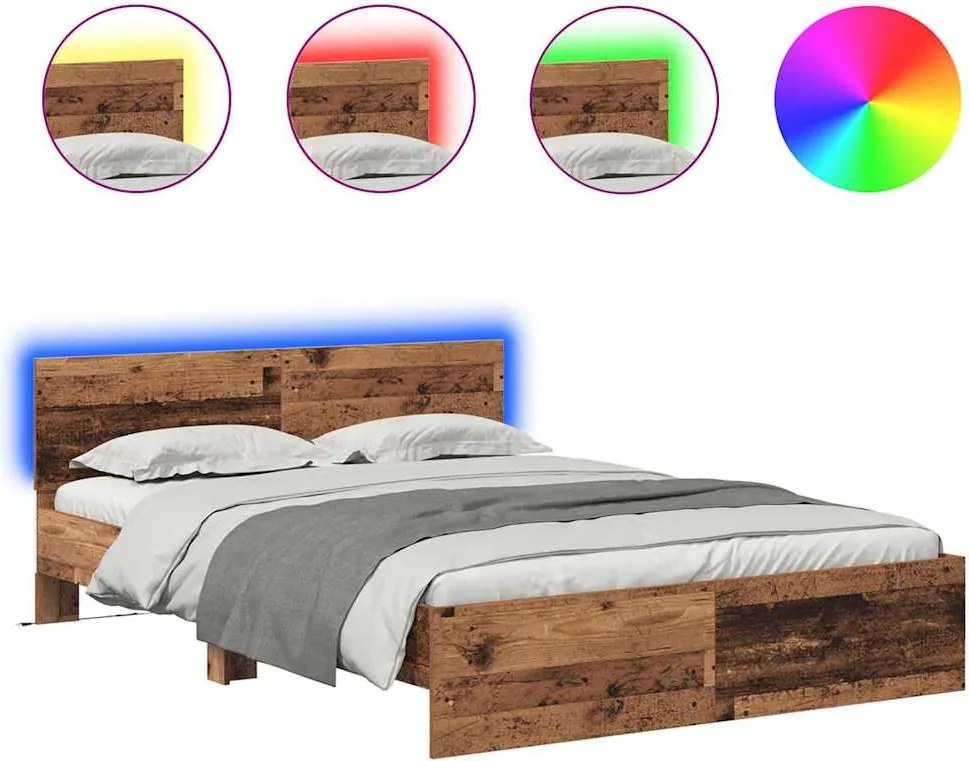 vidaXL Ágykeret LED -es lámpákkal Öreg fa 135 x 190 cm Faanyag