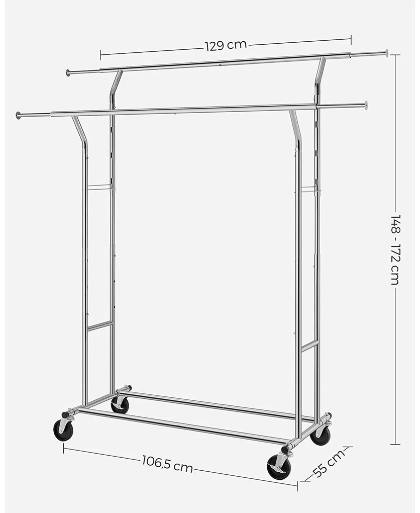 Gurulós ruhaállvány 110kg teherbírással, króm 129-169 cm között állítható
