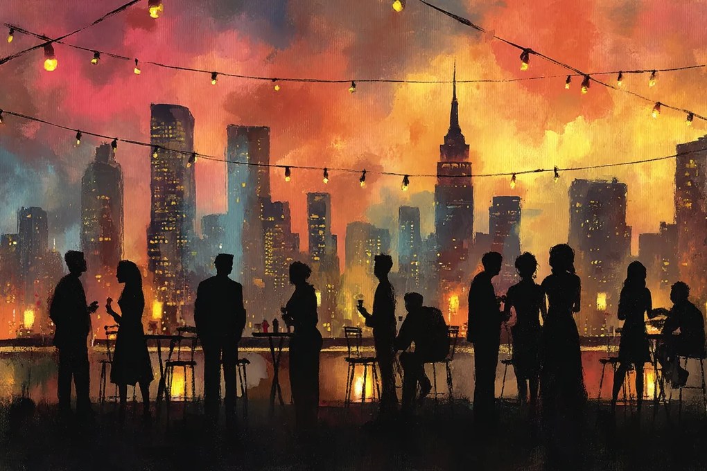 Fotótapéta Flizelina Város Panoráma Tető Emberek Találkozás 208x146 ragasztó