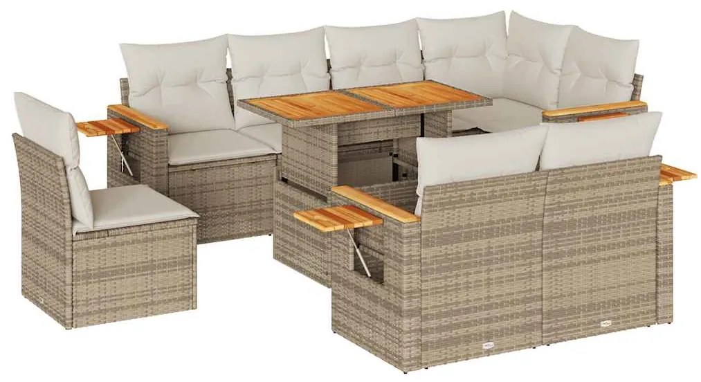 9 részes bézs polyrattan akácfa kerti ülőgarnitúra párnákkal
