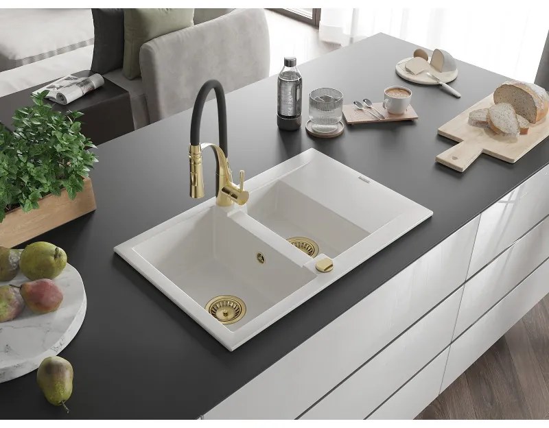Mexen Gaspar, 1,5-kamrás gránit mosogató 737x475x177 mm és Aster mosogató csaptelep, fehér, 6507-20-73450-57-G