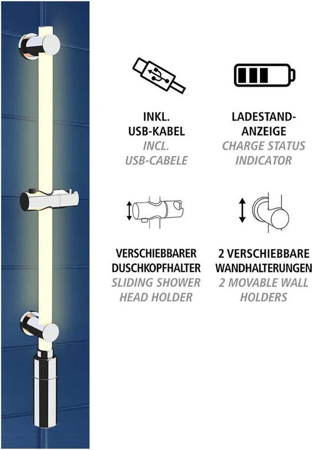 Ezüstszínű fali zuhanytartó 74 cm LED – Wenko