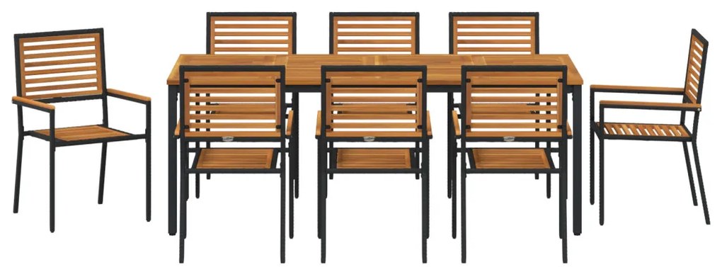 9 Részes Kerti Étkezőszett Fekete Poli Rattan Akácia, Egymásra Rakható Kerti Székek Párnákkal 2 db Fekete Poli Rattan, Kerti Asztal 200x90x75 cm Tömör Akácia Fa és Fém