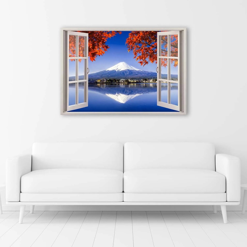 Gario Vászonkép Ablak - fuji vulkán Méret: 100 x 70 cm