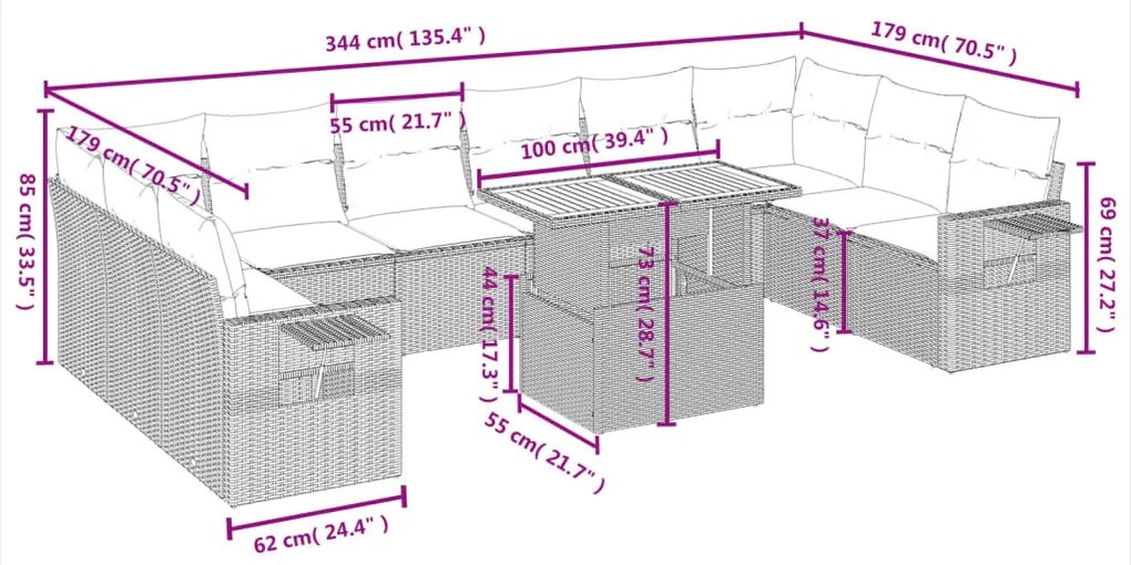 11 részes szürke polyrattan kerti ülőgarnitúra párnákkal