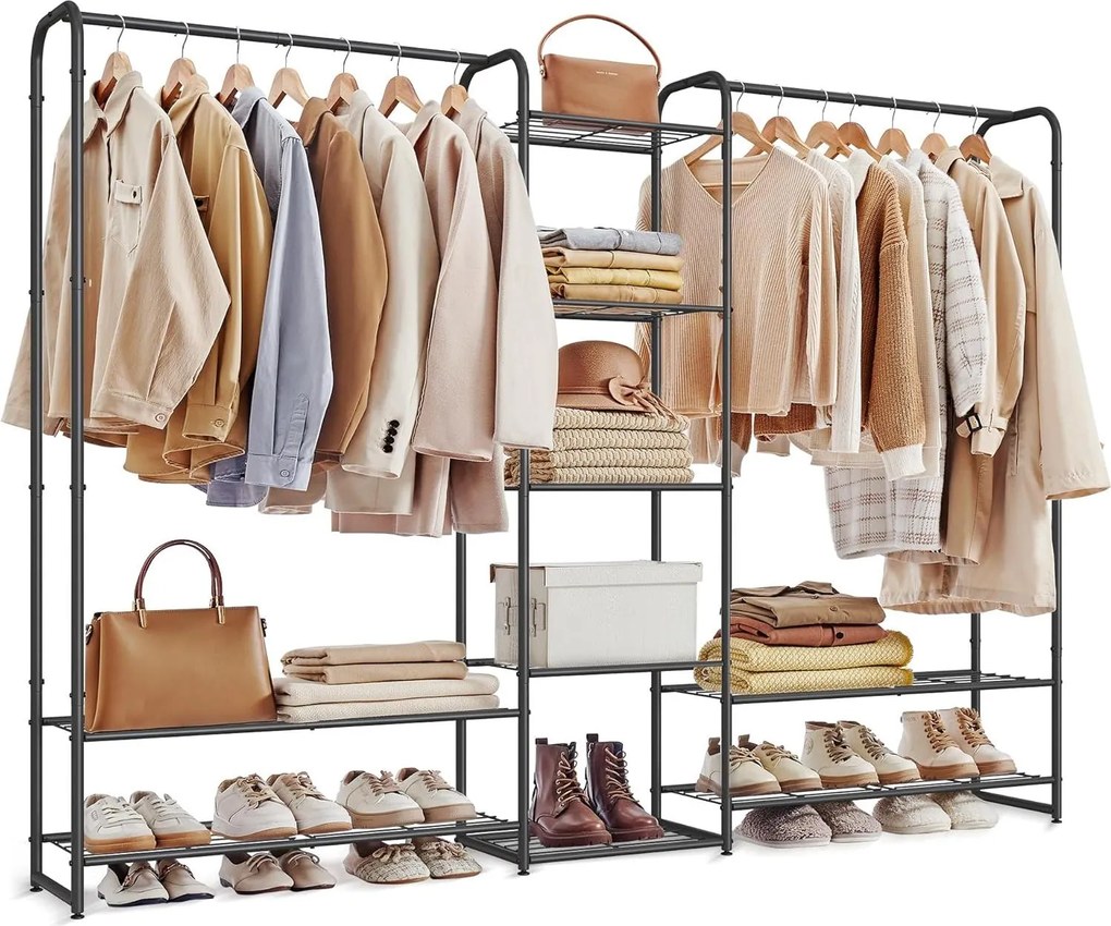 Ruhatartó állvány rúddal és polcokkal, fém kabáttartó, matt fekete