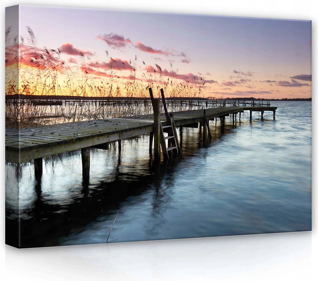 Vászonkép 70x50 Naplemente móló tó nyugalom csend tükröződés este természet