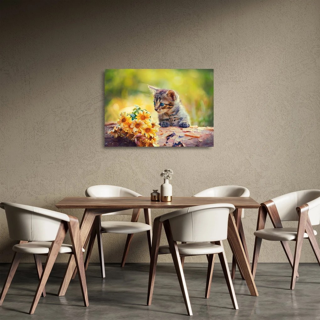 Macska képe ahogy a virágot nézi (üvegen) (70x50 cm)