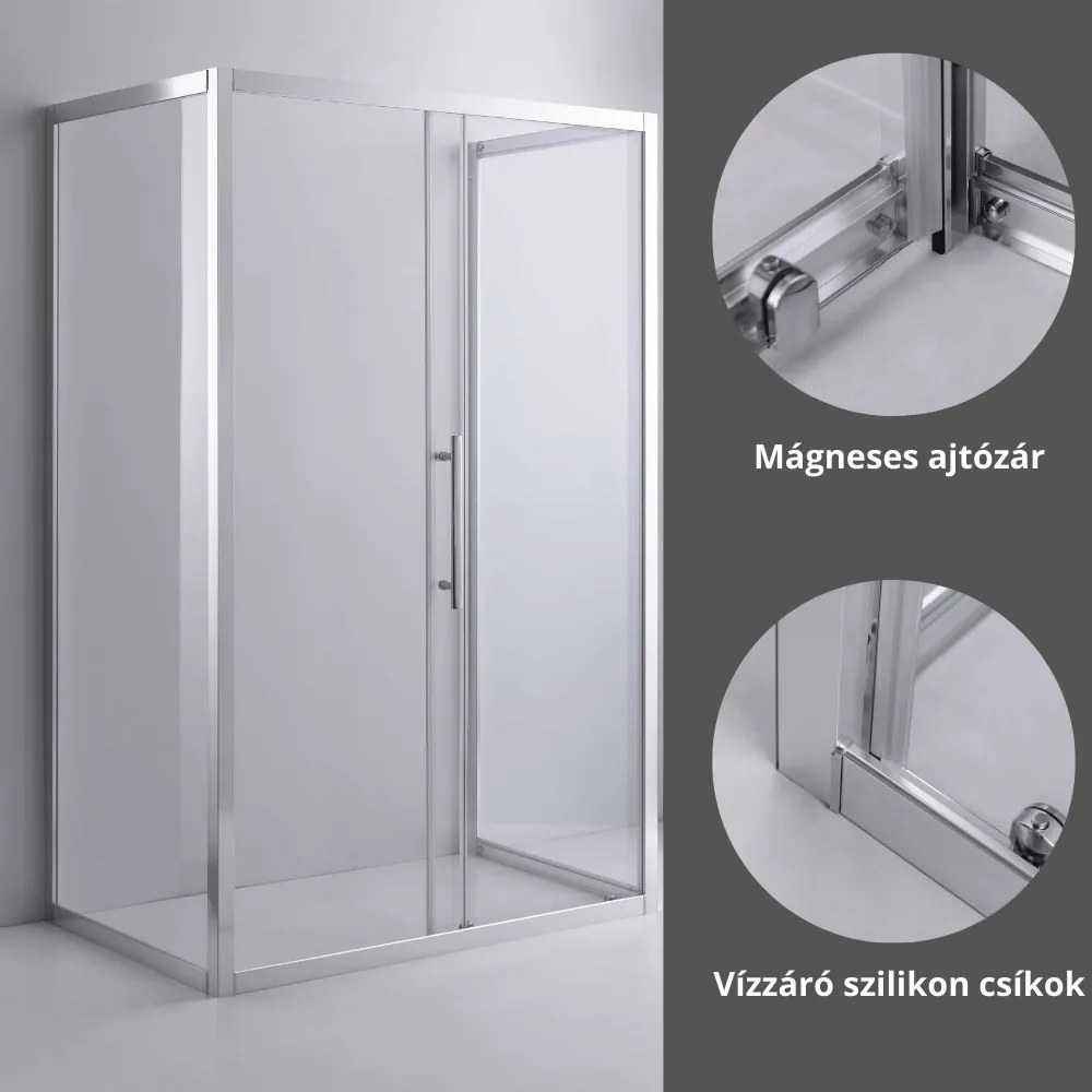 Stuxi Nizza 100x90 falsíkra szerelhető 3 oldalú tolóajtós zuhanykabin 6 mm vízlepergető biztonsági üveggel, króm elemekkel, 200 cm magas