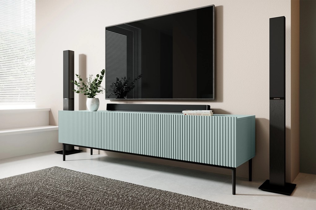 Nicole 200 cm-es TV-szekrény - zsálya MDF / fekete lábak