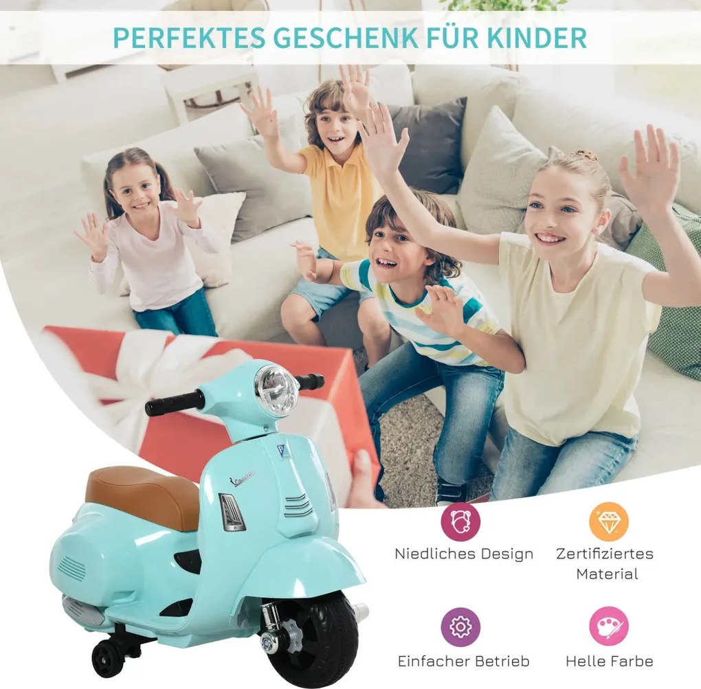 HOMCOM Elektromos gyerekmotor vespa, LED fénnyel, hanggal, 18-36 hónapos korú, türkiz