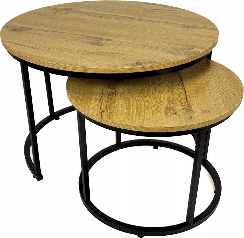 Loft Dohányzóasztal Kerek Szett 2 Tölgy Loft Asztal Ipari