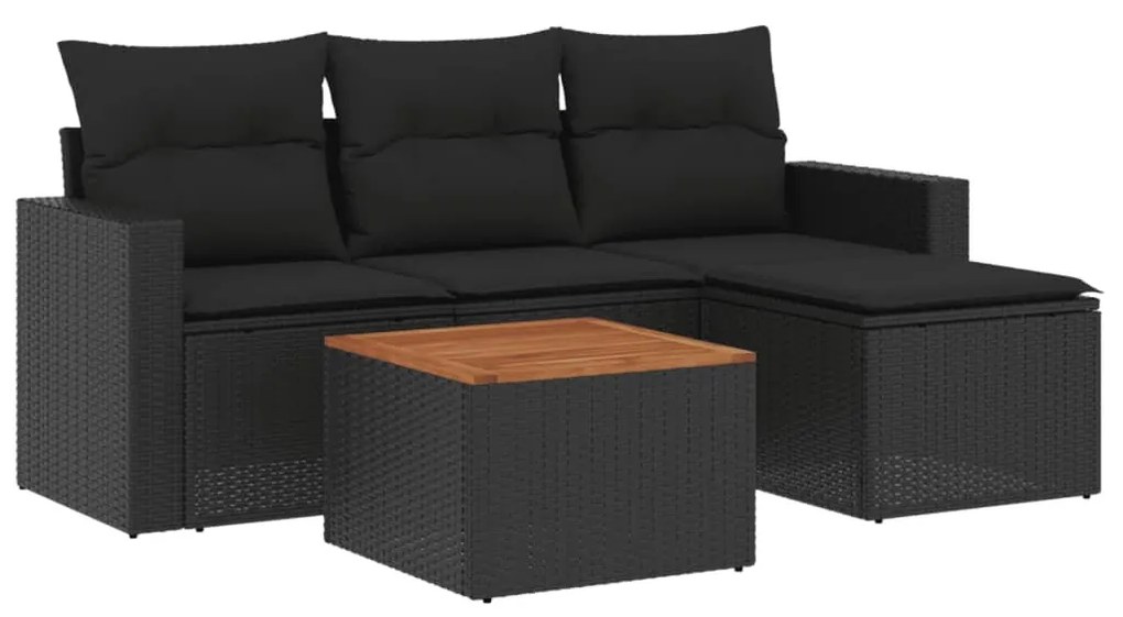5 részes fekete polyrattan kerti kanapészett párnákkal