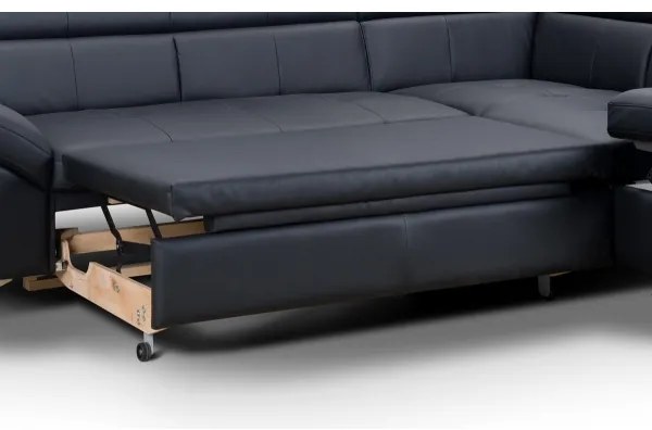 Fekete, jobb oldali, bőrkárpitos, L-alakú SALERNO II sarokkanapé, ággyá nyitható