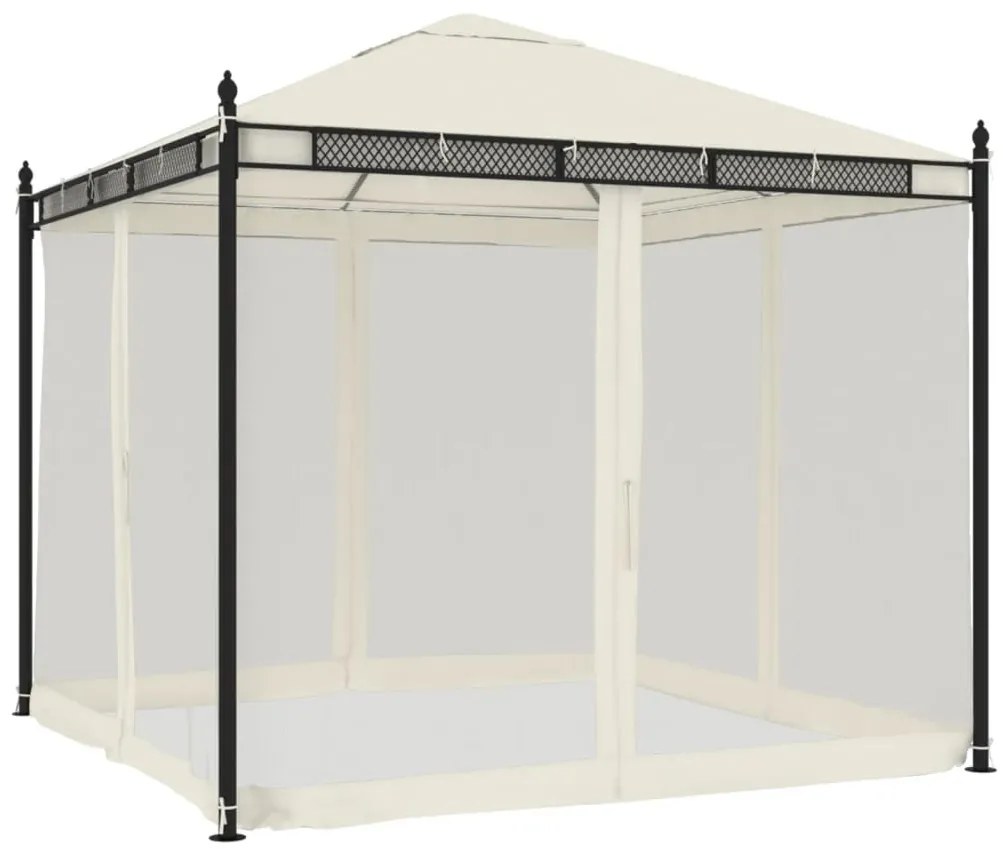 krémszínű acél pavilon hálós oldalakkal 2,93 x 2,93 m