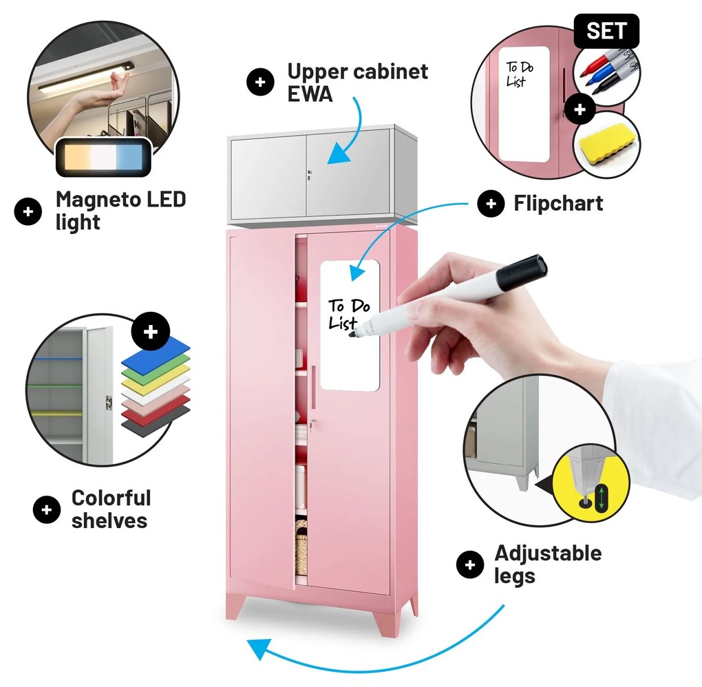 Fémszekrény otthoni irodába JAN, 900 x 1850 x 400 mm, Fresh Style: púderrózsaszín