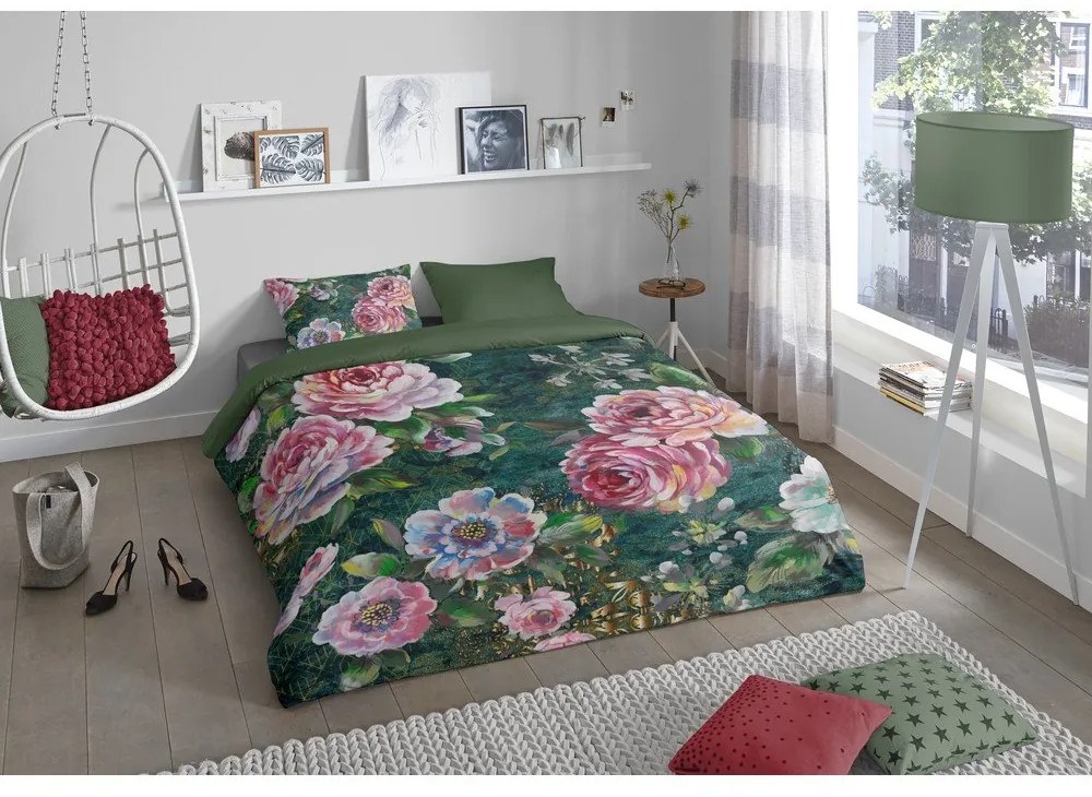 Zöld egyszemélyes-hosszabbított pamut ágyneműhuzat 140x220 cm Fleur – Good Morning