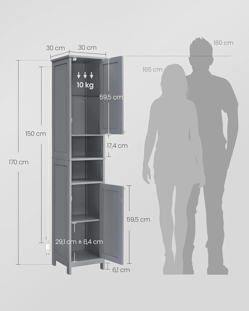 VASAGLE fürdőszobaszekrény világítással 30x30x170 cm, szürke