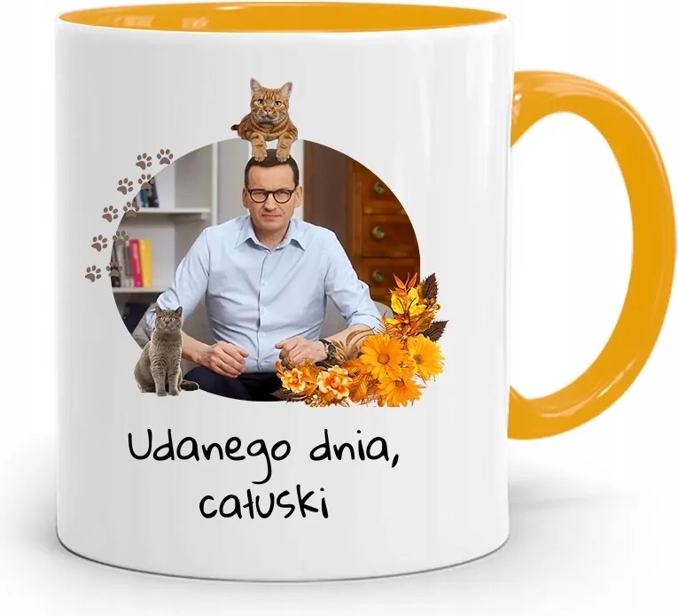 Sárga Politikus Bögre Mateusz Morawiecki Miniszterelnök fényképes nyomtatással