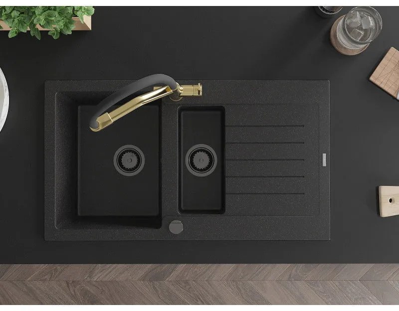 Mexen Matias, gránit mosogató 900x505x200 mm, 1,5 kamrás és Duo mosogató csaptelep, fekete-ezüst metál, 6502-73-671701-57-B