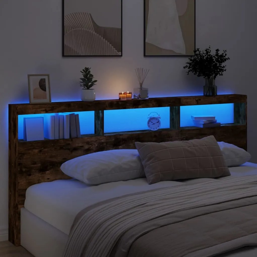 füstös tölgy színű áthidalószekrény LED-ekkel 220x17x102 cm