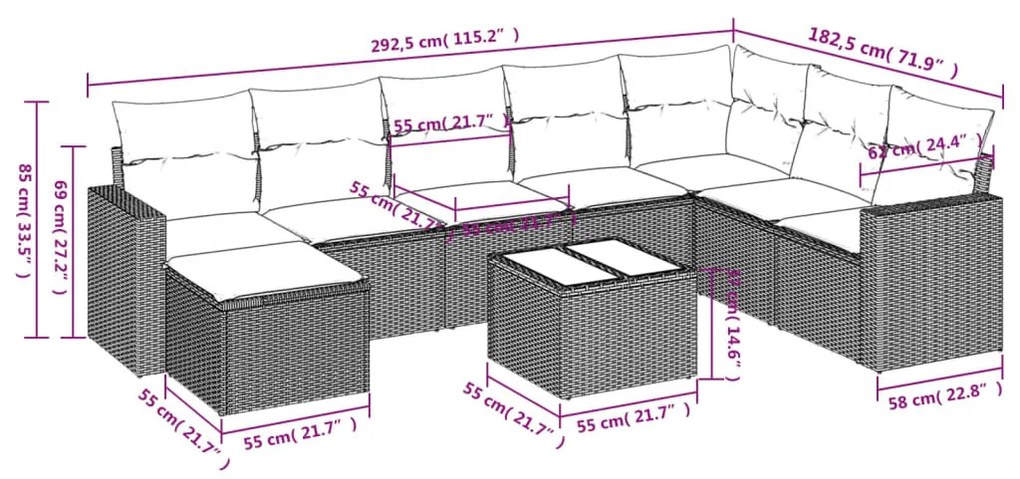 9 részes világosszürke polyrattan kerti ülőgarnitúra párnával