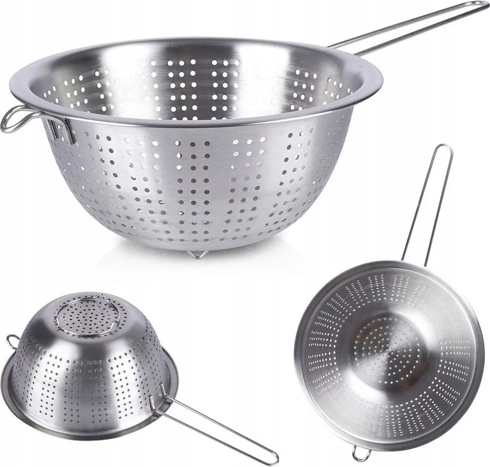 Konyhai szűrő, acél tésztaszűrő, szita, tál, csepegtető, fogantyúval, kerek, 24 cm